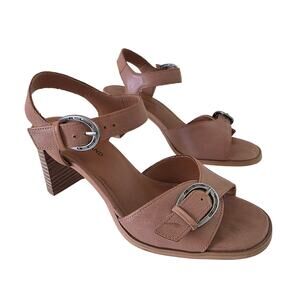 Lucky Brand Leather Buckle Ankle Strap Heeled Sandals Luseal Womens 7M Tan